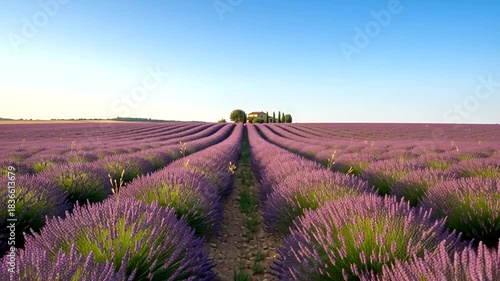 Breathtaking aerial view captures endless rows of fragrant lavender fields, basking in soft