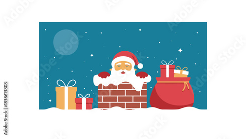 Santa claus emerging from a snowy brick chimney with a large red sack full of gifts and presents on a winter night