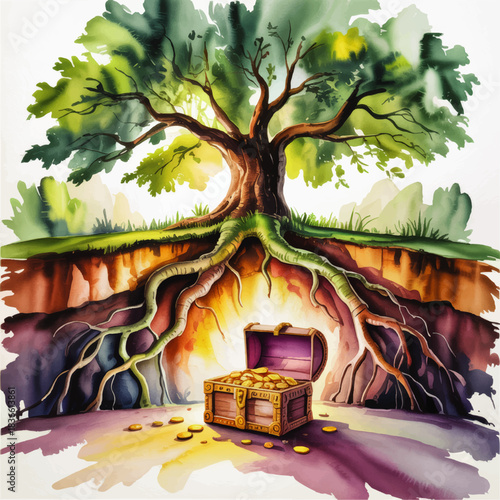 Magical treasure chest of gold hidden in tree roots, fantasy watercolor illustration of wealth, nature, growth and secret fortune