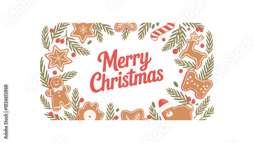 Festive merry christmas greeting card featuring a circular wreath of gingerbread cookies pine branches candy canes and festive ornaments