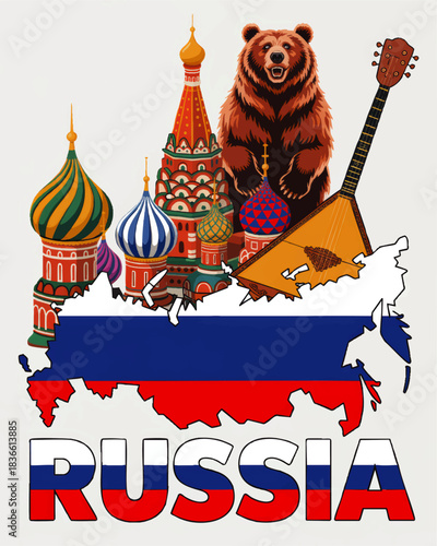 Russia cultural symbols illustration with map, national flag, Saint Basil cathedral domes, brown bear and balalaika on light background