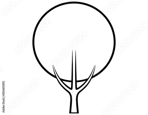 Minimalist circular tree line art vector illustration, black and white nature icon with round foliage and simple trunk, isolated outline for logo or ecology design.