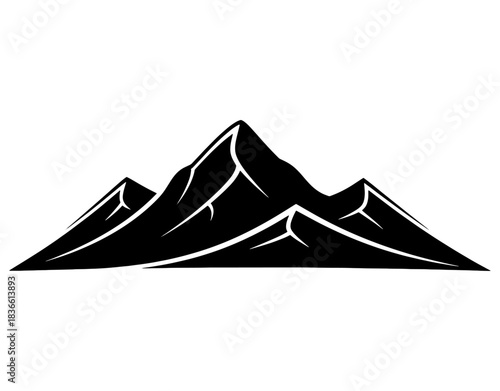 Black and white mountain silhouette vector illustration, sharp rocky peaks icon for adventure logo, hiking symbol or camping design isolated on white background.