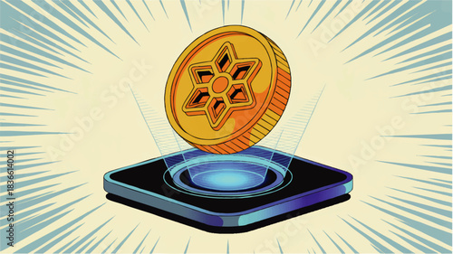 Futuristic digital coin hologram above smartphone, cryptocurrency payment technology concept in bright comic pop art style illustration
