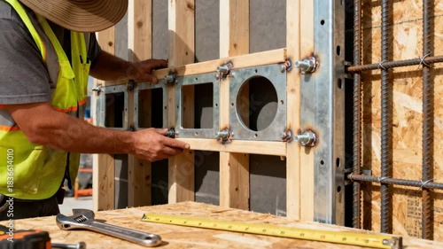 Wallpaper Mural Close view of a worker aligning and securing a skeleton wall frame with integrated openings illustrating the detailed preparation phase in both wood and steel structural systems. Torontodigital.ca