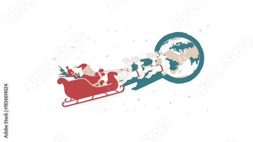 Santa claus riding in his red sleigh pulled by reindeer flying through the night sky towards a festive green circular christmas wreath