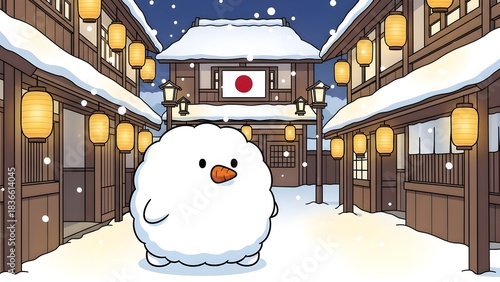 Cute Winter Cartoon Character in Japanese Snow Street