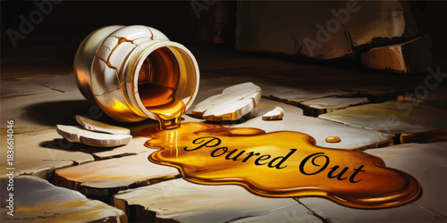 Broken alabaster jar pouring golden oil on stone floor with script Poured Out, dramatic worship illustration background