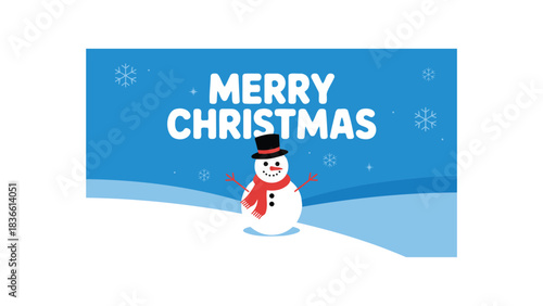 Joyful snowman wearing a red scarf and black top hat celebrates merry christmas on a snowy winter landscape with falling snowflakes