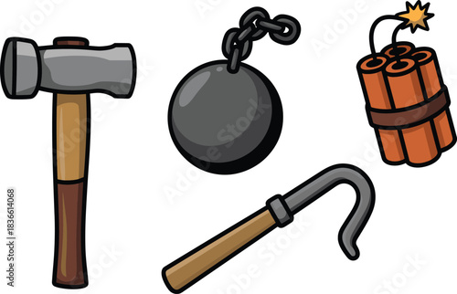 Construction and demolition tool icons including hammer, wrecking ball, pickaxe and dynamite bundle, cartoon vector illustration for equipment design