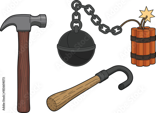 Construction and demolition tool icons including hammer, wrecking ball, pickaxe and dynamite bundle, cartoon vector illustration for equipment design