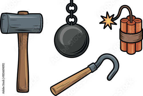 Construction and demolition tool icons including hammer, wrecking ball, pickaxe and dynamite bundle, cartoon vector illustration for equipment design