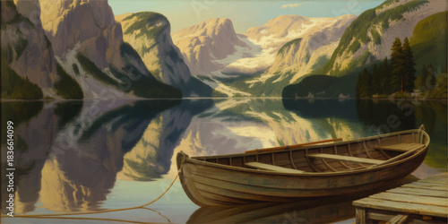 Tranquil mountain lake with wooden rowing boat at dock, serene sunrise landscape reflection, peaceful nature travel background