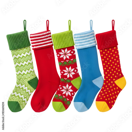Isolated Christmas Stockings , festive Holiday Decorations , set of christmas stocking sock with festive patterns 