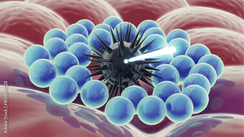 Futuristic immune cells attacking virus particle on tissue surface, medical microbiology illustration of infection treatment concept