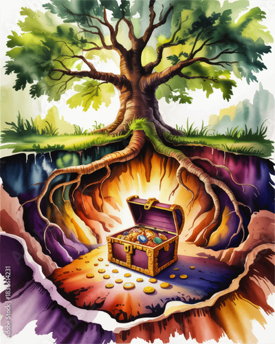 Magical treasure chest buried under ancient tree roots, fantasy illustration of hidden gold, colorful mystical forest background art