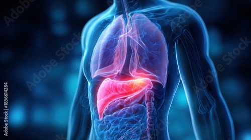 Detailed Illustration of Human Torso Showing Internal Organs and Highlighting Liver in Red to Indicate Inflammation