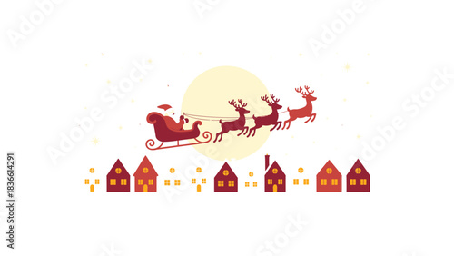 Festive christmas scene with santa claus in his sleigh pulled by reindeer flying over a charming village at night