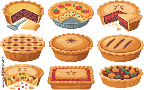Delicious pie and tart illustration set featuring fruit pies, lattice crust, baked desserts, sweet pastry collection in colorful cartoon food style