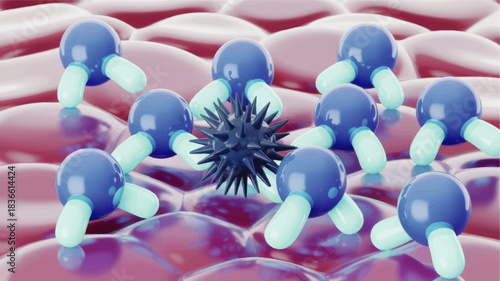 3D illustration of immune cells attacking virus on tissue surface, antibody molecules protecting body, medical microbiology background