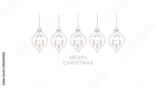 Elegant minimalist line art illustration of five hanging christmas ornaments with intricate patterns and festive greeting text