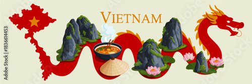Vietnam travel illustration with red dragon, map, rice hat, pho soup, limestone mountains and lotus flowers, Asian tourism banner