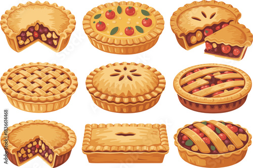Delicious pie and tart illustration set featuring fruit pies, lattice crust, baked desserts, sweet pastry collection in colorful cartoon food style