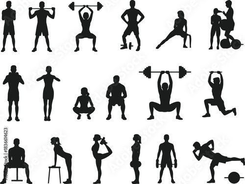 Fitness workout silhouettes, strength training exercises, gym athlete poses, weightlifting movements, functional training icons, active lifestyle illustration set, body training collection