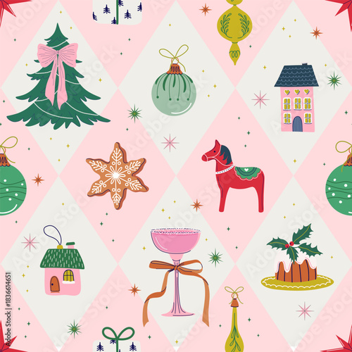 Cheerful Christmas seamless pattern. Decorative vintage Xmas elements on geometric argyle background. Cute happy holidays print design.