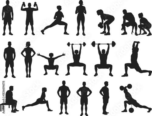 Fitness workout silhouettes, strength training exercises, gym athlete poses, weightlifting movements, functional training icons, active lifestyle illustration set, body training collection