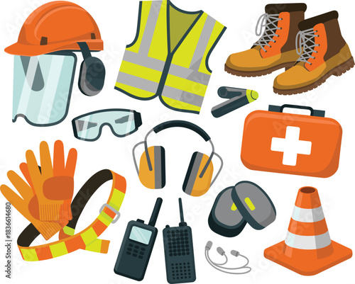 Flat illustration of industrial safety equipment including helmet, vest, gloves, boots, first aid kit, ear protection, goggles, radios, and traffic cone