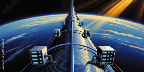 Futuristic space elevator rising from Earth into orbit, sci fi space station corridor with sunrise light beams and technology