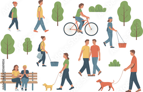 Flat minimalist illustration of people walking, cycling, sitting on bench, strolling with dog in park surrounded by trees, outdoor lifestyle scene