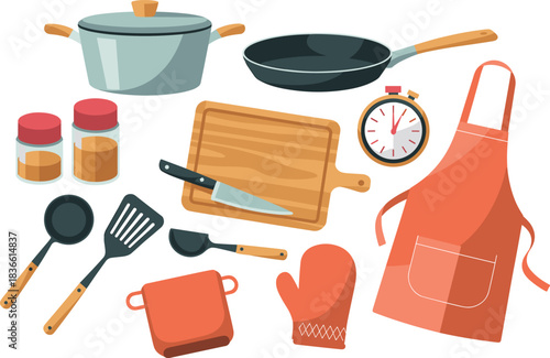 -Flat minimalist vector illustration of kitchen utensils, cooking tools, cookware, cutting board, apron, spices and accessories for culinary food preparation