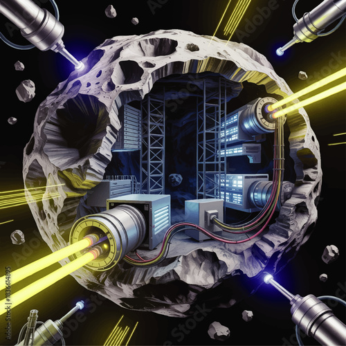 Futuristic asteroid mining base with laser drilling technology and data servers in deep space, sci fi space industry illustration