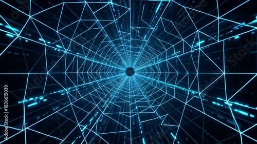 Digital cyber technology tunnel background, blue illuminated abstract pattern, futuristic digital
