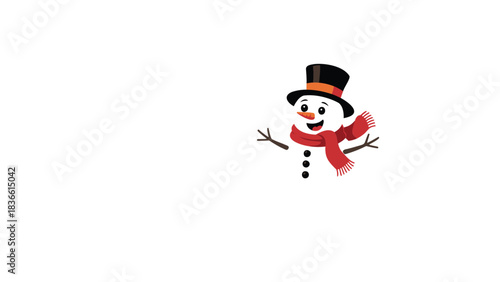 Cheerful cartoon snowman wearing a black top hat and red scarf waving hello with a friendly smile