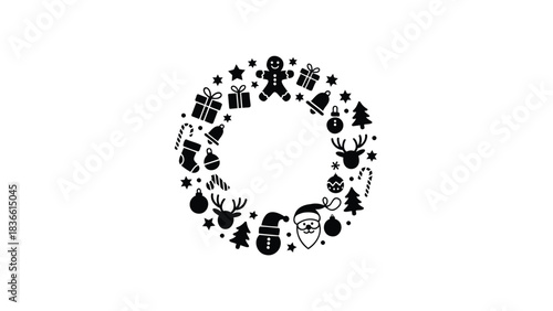 Festive christmas wreath silhouette composed of various holiday icons including snowmen and gingerbread men on white background