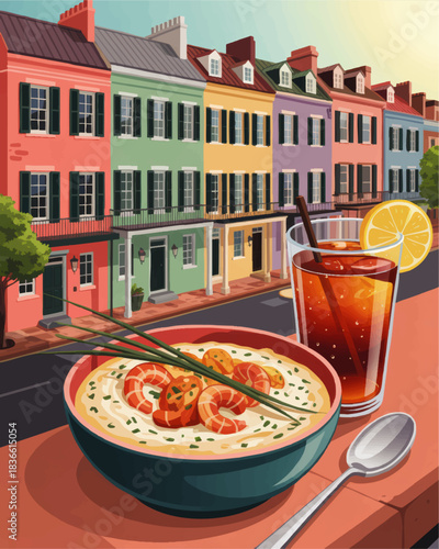 Colorful Charleston street with shrimp and grits breakfast and iced tea illustration, Southern travel food art, Rainbow Row view