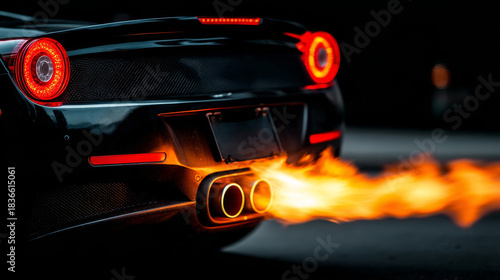 Black sports car exhausting flames at night
