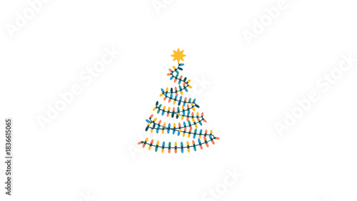 Whimsical christmas tree shape formed by colorful glowing string lights with a bright yellow star on top against a clean white background