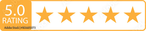 five star rating badge with 5.0 score in gold and orange design isolated on white background.