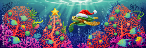 Christmas sea turtle with Santa hat swimming over festive coral reef, colorful tropical fish and underwater holiday decorations illustration
