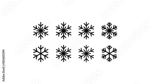 Collection of eight detailed black snowflake icons with intricate crystalline structures against a clean white background