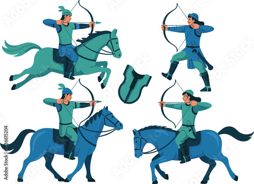 Horseback archery illustration, mounted archers in action, medieval warriors shooting bows, historical combat concept, equestrian archers, traditional archery vector design