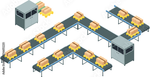 Industrial conveyor system with cardboard boxes on pallets, automated packaging line, warehouse logistics workflow, modern distribution center machinery illustration, isometric design
