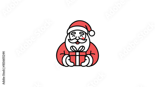 Charming cartoon illustration of santa claus wearing his iconic red suit and hat holding a wrapped gift box