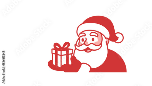 Festive red santa claus character holding a wrapped gift box with a bow illustration for christmas holiday celebrations