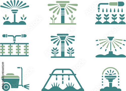 Irrigation system icons collection showing sprinklers, drip watering, agricultural irrigation equipment, garden watering tools, farming water supply vector illustration set