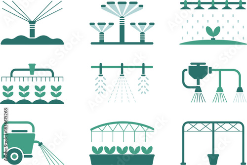 Irrigation system icons collection showing sprinklers, drip watering, agricultural irrigation equipment, garden watering tools, farming water supply vector illustration set
